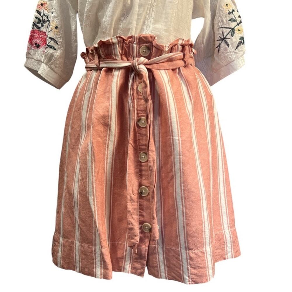 LOFT Ann Taylor Linen Blend Button Front Belted Skirt Size M Pink Cream Cottage